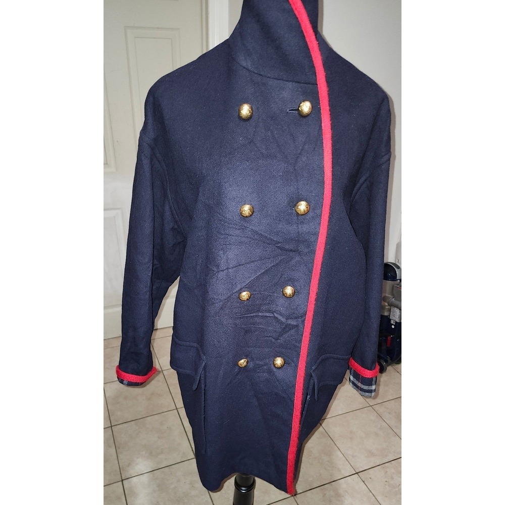 Burberrys Vintage Navy Wool Duffle Coat Nova Check Lining Red Piping England - Picture 2 of 11